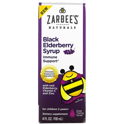 Zarbee's, Black Elderberry Syrup, With Real Elderberry, Vitamin C and Zinc, For Children 2 Years +, 4 fl oz (118 ml)