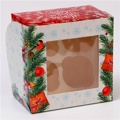 Коробка для 4 капкейков с окном «С Новым годом», 16×16×10 см, упаковка