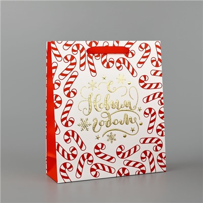 Пакет подарочный новогодний ламинированный «Новогодние леденцы», тиснение, M 30×26×9 см