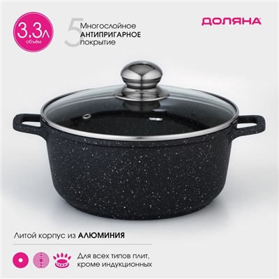 Кастрюля Доляна «Элит», 3.3 л, d=22 см, h=10 см, литые ручки, антипригарное покрытие, литой алюминий, чёрная