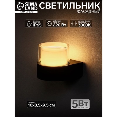 УЦЕНКА Светильник фасадный «Гранд», 5 Вт, 3000К, IP65, 220 В, пластиковый корпус, чёрный, свечение тёплое белое
