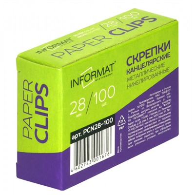 Скрепки канцелярские 28мм/100шт никелированные PCN28-100 inФОРМАТ