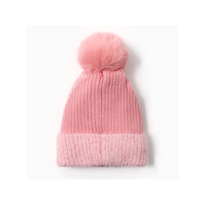 Шапка вязаная с помпоном женская MINAKU, розовая, размер 56-58
