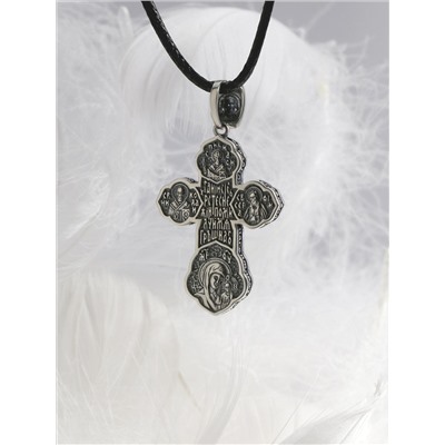 Крест из чернёного серебра - Рaспятие, Шестикрылый Херувим, Спаc Неpукотвоpный, Николай Чудотворец, Спиридон Тримифунтский, Серафим Саровский, Казанская Божья Матерь, Молитва "Да воскреснет Бог" ПК-009-2ч