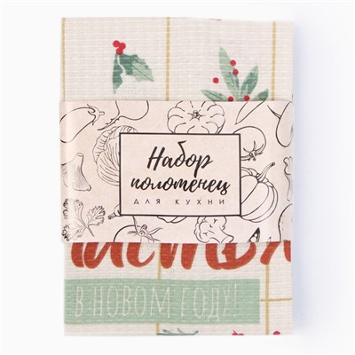 Набор новогодних полотенец Доляна «Зимние праздники» 28×46 см - 2 штуки, 100% хлопок, вафля 160 г/м²