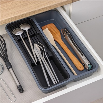 Лоток для столовых приборов и ножей FOLYlife, 40×26×5.1 см, 2 отделения, пластик, серый, чёрный