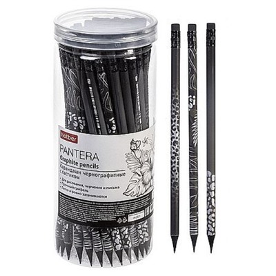 Карандаш черногр. "ПАНТЕРА" круглый с ластиком НВ, из черного дерева ассорти (072750) Хатбер
