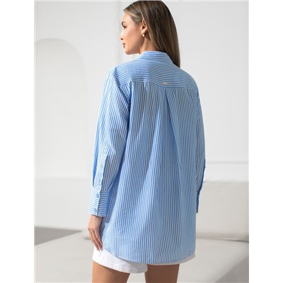 Удлиненная блузка с поясом в тонкую полоску из хлопка