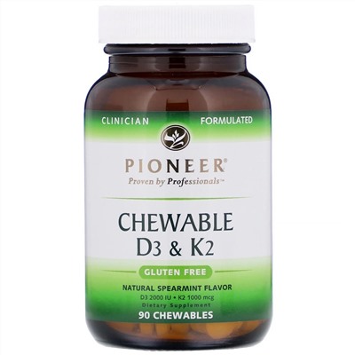 Pioneer Nutritional Formulas, жевательные витамины D3 и K2, натуральная мята, 90 жевательных таблеток