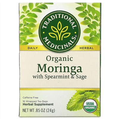 Traditional Medicinals, органическая моринга с перечной мятой и шалфеем, без кофеина, 16 чайных пакетиков, 24 г (0,85 унции)