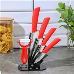 Набор кухонный на подставке Доляна «Симпл», 5 предметов: ножи 7.5 см, 10.5 см, 13 см, 15 см, овощечистка, цвет красный