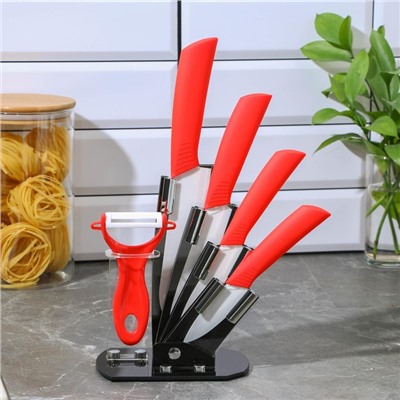 Набор кухонный на подставке Доляна «Симпл», 5 предметов: ножи 7.5 см, 10.5 см, 13 см, 15 см, овощечистка, цвет красный