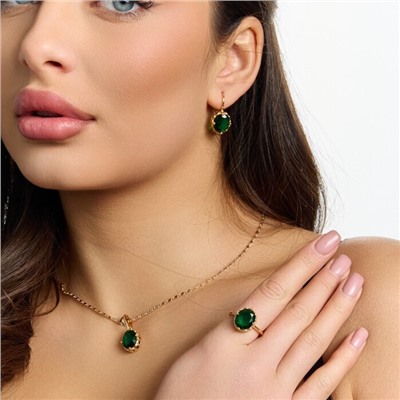 Комплект ювелирной бижутерии коллекция "Дубай" серьги, кулон и кольцо 18 р, покрытие позолота, вставка: стекло, цвет: зеленый, арт.217.507-18