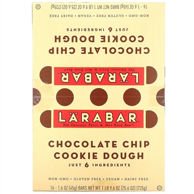 Larabar, The Original Fruit & Nut Food Bar, Chocolate Chip Cookie Dough, 16 Bars, 1.6 oz (45 g) Each