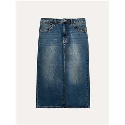 Актуальная коллекция CONTE CON-836 Джинсовая юбка-midi винтажной варки с дополнительной петлёй для к