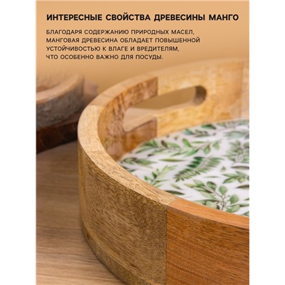 Поднос круглый с бортиками «Оливковая ветвь», 35×35×6.5 см, дерево манго