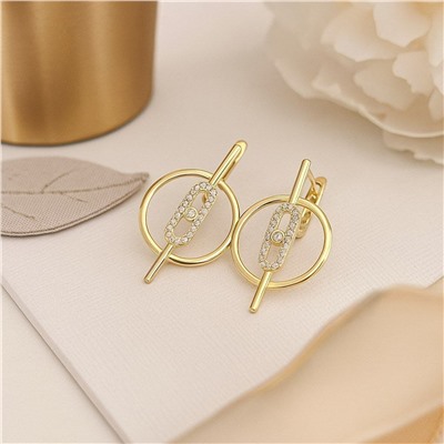 Серьги ажурные под бренд со стразами, висячие, цвет покрытия лимонное золото, арт.313.228