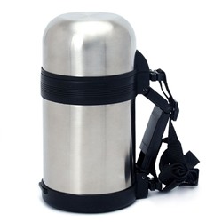 Термос универсальный, 1 л, 12.5×23.5 см, с широким горлом, на ремне, нержавеющая сталь, серебристый, чёрный