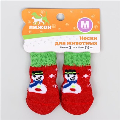 Носки нескользящие для животных «Снеговики», M (3/4×7 см), набор 4 шт., красные