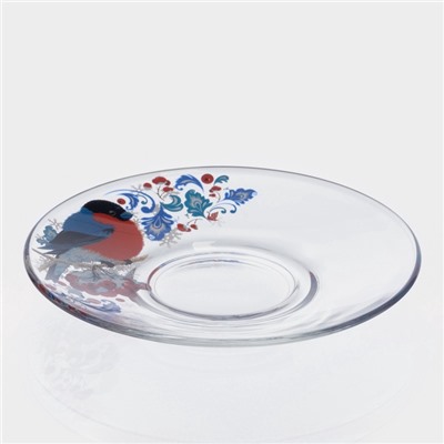 Чайная пара новогодняя «Снегири на рябине», 200 мл, блюдце d=13 см, стекло, прозрачная
