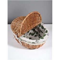 Плетёная корзина-лукошко, ткань внутри, 2 крышки, 35×28 см, высота 14.5 см, высота с ручкой 31 см, дно