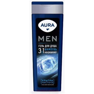 AURA Men Гель для душа 3в1 Ультра Чистота с морскими минералами флакон 380мл