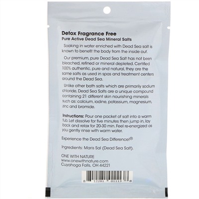 One with Nature, Dead Sea Spa, Mineral Salts, Detox, Fragrance Free , 2.5 oz (70 g)