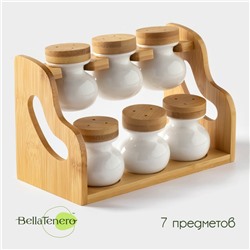Набор для специй BellaTenero, 50 мл, набор 7 шт., на бамбуковой подставке, фарфор, белый