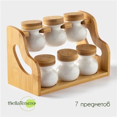 Набор для специй BellaTenero, 50 мл, набор 7 шт., на бамбуковой подставке, фарфор, белый