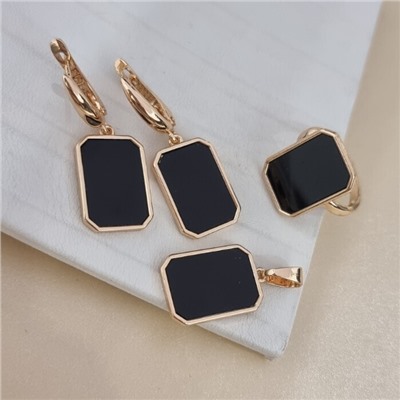 Комплект ювелирной бижутерии коллекция "Дубай" серьги, кулон и кольцо 18 р, покрытие позолота, вставка: пластик, цвет: черный, арт.414.268-18