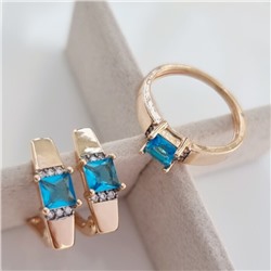 Комплект ювелирная бижутерия коллекция  "Дубай" серьги и кольцо 17 р, покрытие: позолота, вставка: фианиты, цвет: голубой и прозрачный, арт.217.294-17