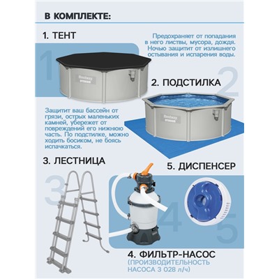 Бассейн каркасный стальной Bestway Hydrium 56574, 366×122 см, песчаный фильтр-насос, лестница, тент, круглый