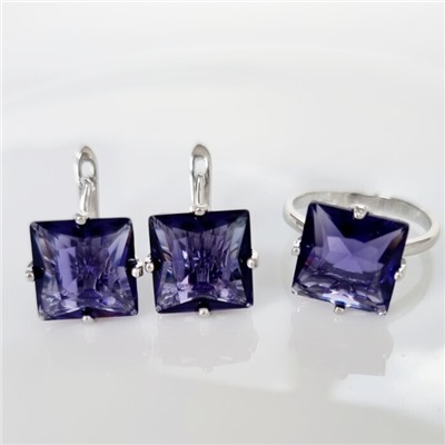 Комплект ювелирная бижутерия серьги и кольцо 19 р покрытие: посеребрение, вставка: фианиты, цвет: фиолетовый, арт.215.456-19