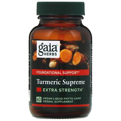Gaia Herbs, Turmeric Supreme, Extra Strength, куркума, 60 растительных фито-капсул с жидкостью
