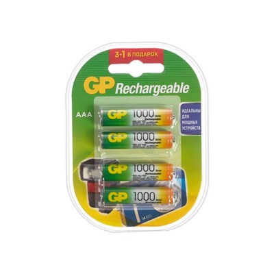Аккумулятор GP, Ni-Mh, AAA, HR03-4BL, 1.2В, 1000 мАч, блистер, 3+1 шт.