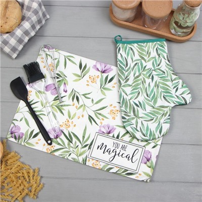 Кухонный набор подарочный Leaves: полотенце, варежка-прихватка, кисть, лопатка, венчик