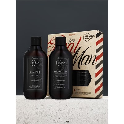 Подарочный набор косметики BLACK ONYX, гель для душа и шампунь для волос, 2×290 мл, аромат перца и агарового дерева, HARD LINE