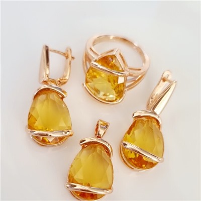 Комплект ювелирная бижутерия коллекция  "Дубай" серьги, кулон и кольцо 18 р, покрытие: позолота, вставка: фианит, цвет: желтый, арт.313.061-18