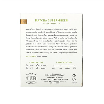Rishi Tea, Organic Green Tea, Matcha Super Green, 15 Sachets, 1.42 oz (40.5 g)