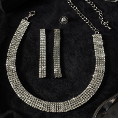 Комплект вечерней бижутерии со стразами чокер и серьги, цвет: серебристый и прозрачный, арт.012.090