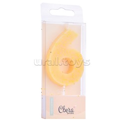 Свеча Цифра, 6, Кремовый, с блестками, 4,3*7,5 + 4,5 см, 1 шт. с держат.