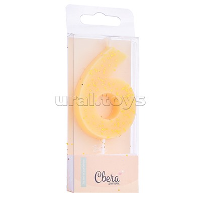 Свеча Цифра, 6, Кремовый, с блестками, 4,3*7,5 + 4,5 см, 1 шт. с держат.