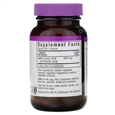 Bluebonnet Nutrition, Альфа-липоевая кислота, 600 мг, 60 растительных капсул