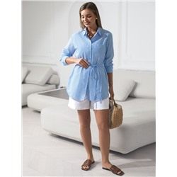 Удлиненная блузка с поясом в тонкую полоску из хлопка