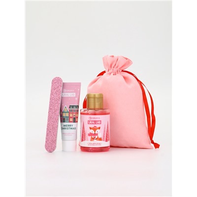 Подарочный набор косметики в мешке: крем для рук, пилочка, гель для душа, аромат малиновый коктейль, URAL LAB