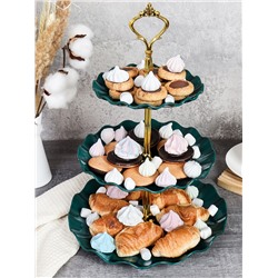 Ваза для фруктов 3-х ярусная 15/20/25 Круг Волна зеленая / D-1267 /уп 80/ Пластик