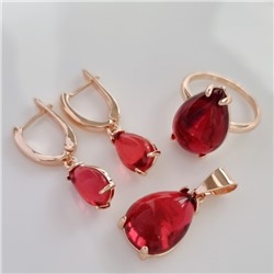 Комплект ювелирная бижутерия коллекция  "Дубай" серьги, кулон и кольцо 17 р, покрытие: позолота, вставка: пластик, цвет: красный, арт.215.419-17