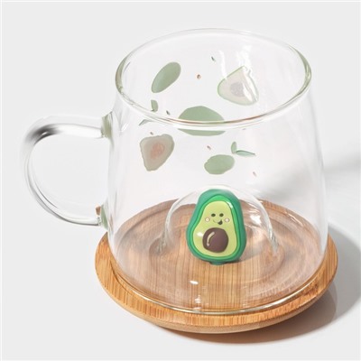 Кружка с деревянной крышкой «Авокадо», 350 мл, стекло, рисунок МИКС