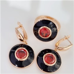 Комплект ювелирной бижутерии коллекция "Дубай" серьги и кольцо 20 р, покрытие позолота, вставка: цветная эмаль и крупный фианит, цвет: оранжево-красный и черный, арт.215.344-20