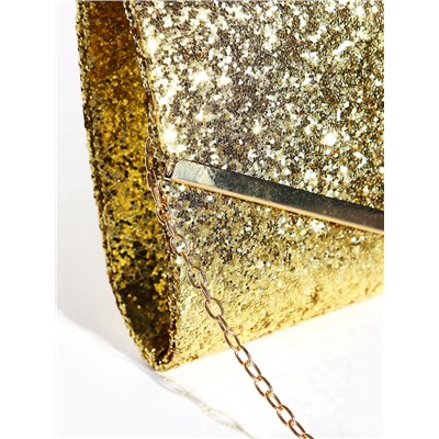 Клатч вечерний, на магните, с длинной цепочкой, блестящий, цвет золотой